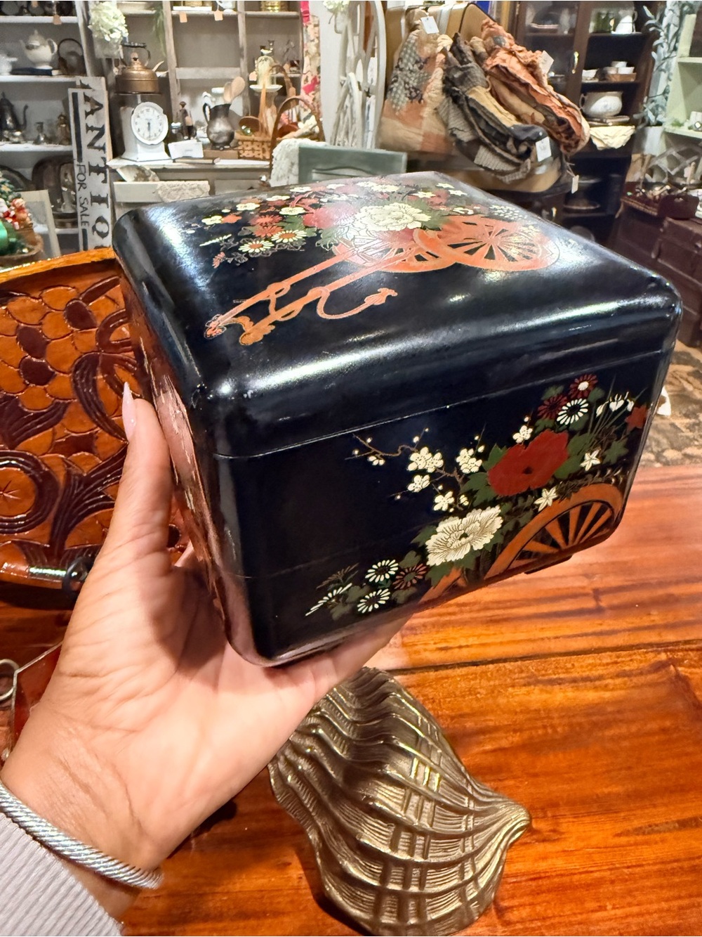 Black Floral Lacquered Decorative Box - Hand-Painted Accent